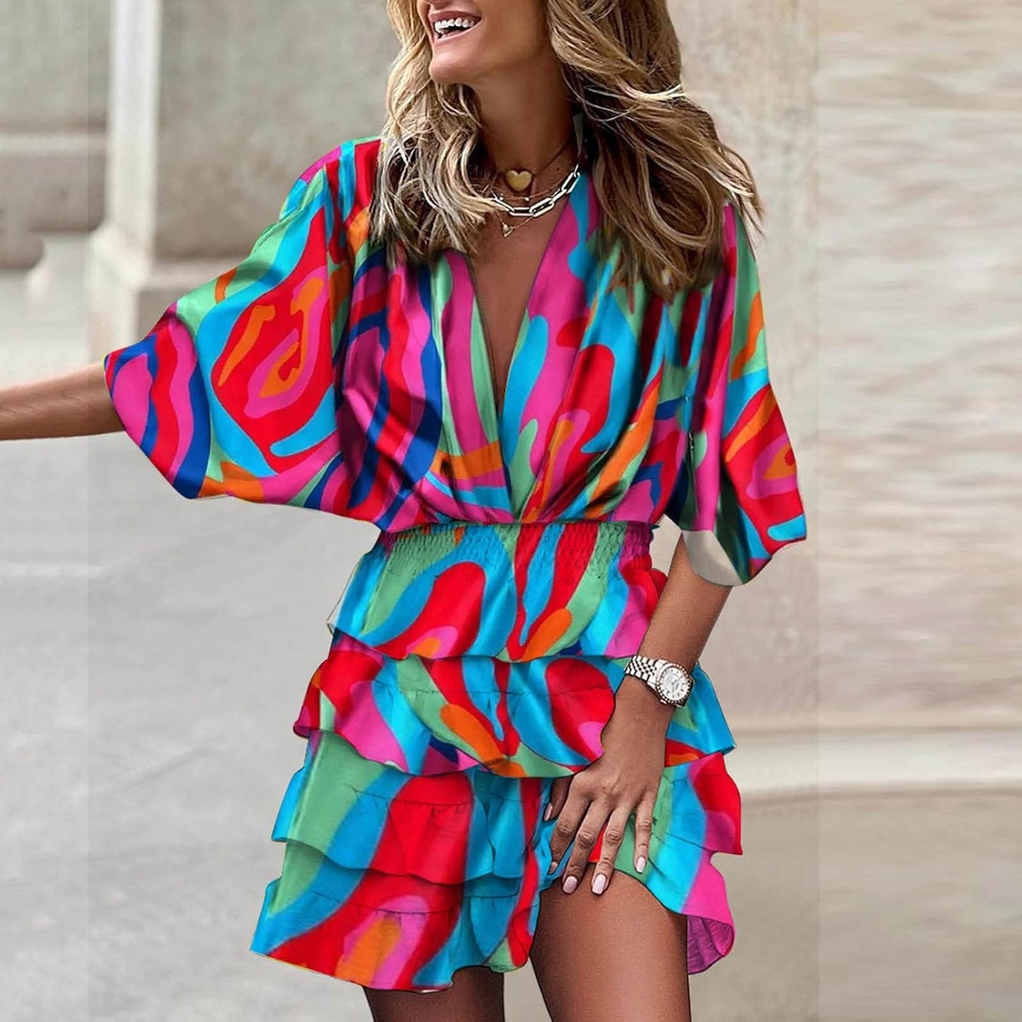 Amélia Women's V-Neck Dress – Flowing Dress with Ruffles and High Waist