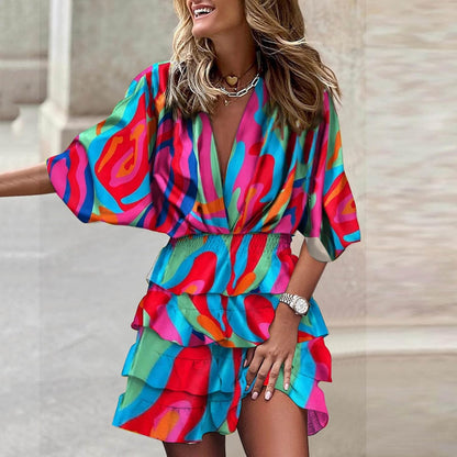 Amélia Women's V-Neck Dress – Flowing Dress with Ruffles and High Waist