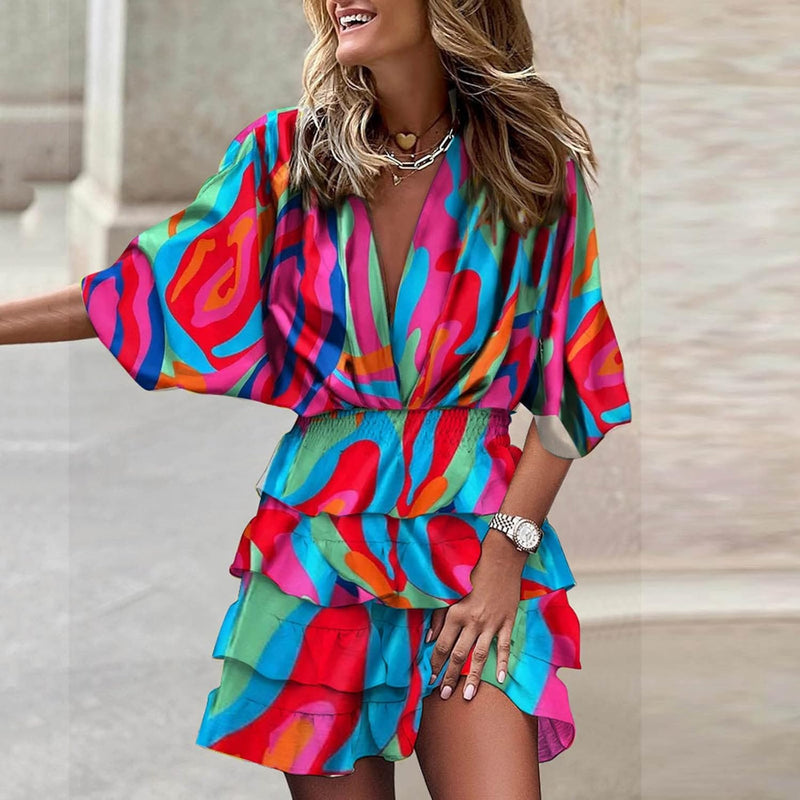 Amélia Women's V-Neck Dress – Flowing Dress with Ruffles and High Waist