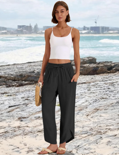 Jade Women's Pants – Capri Palazzo Bohemian Wide with Elastic Waist & Pockets