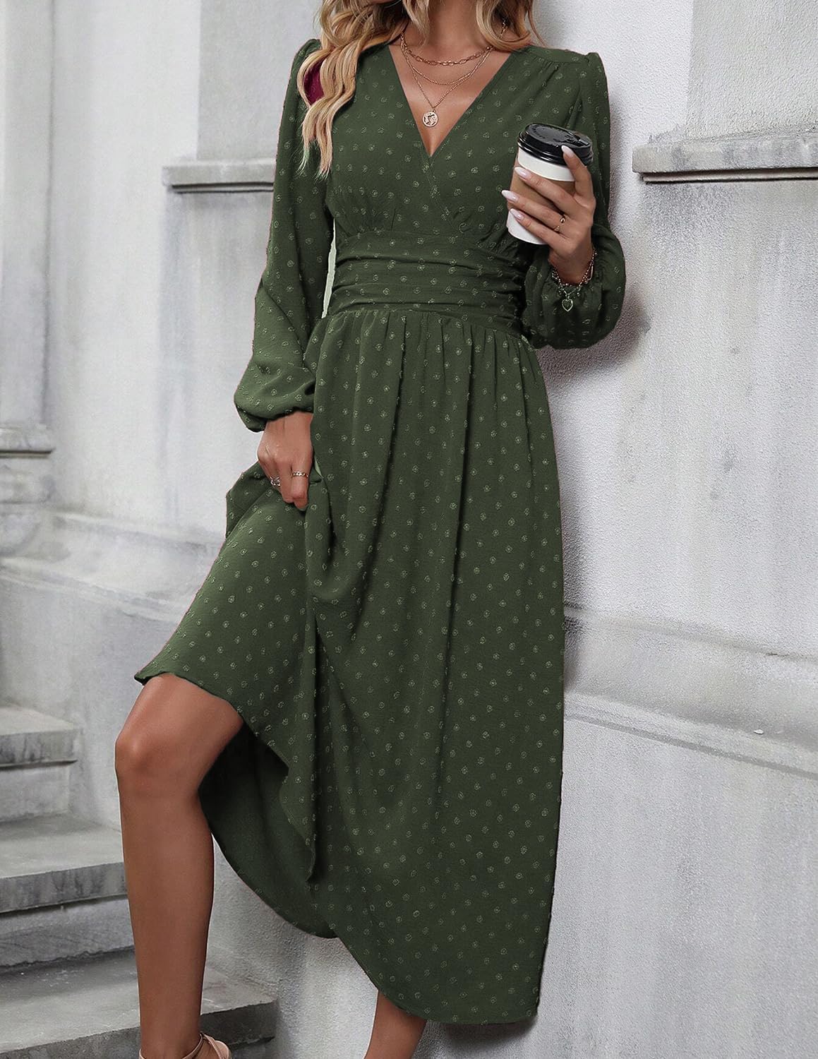 Tierra Women's Polka Dot Dress – A-Line Cut, V-Neck, Elegant High-Waisted Pleats