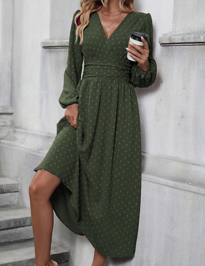 Tierra Women's Polka Dot Dress – A-Line Cut, V-Neck, Elegant High-Waisted Pleats