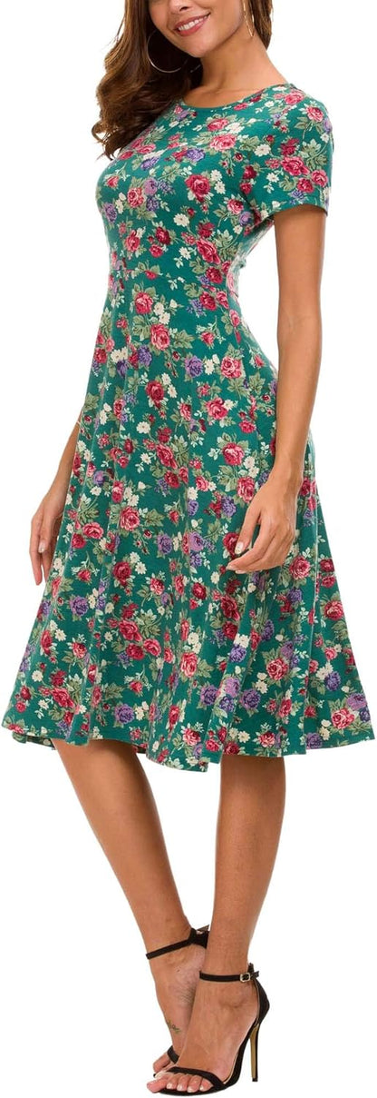 Léonie Midi Floral Dress for Women – Flared Dress with Short Sleeves and Round Neck for Summer