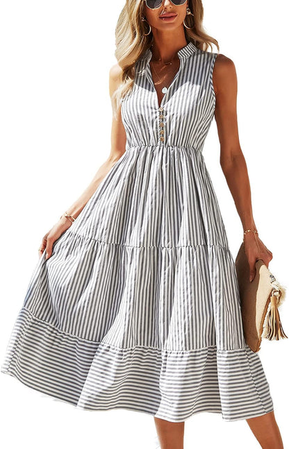 Claire Midi Shirt Dress for Women – Elegant Sleeveless Striped Buttoned V-Neck Dress
