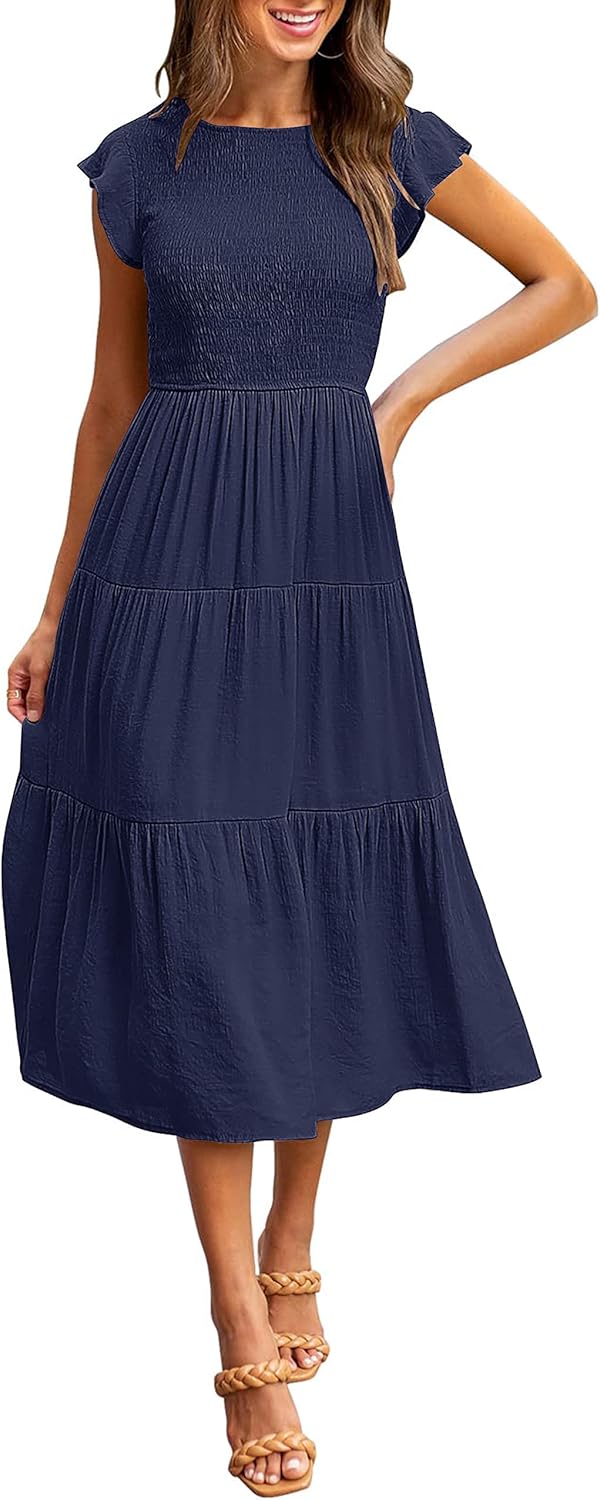 Louise Midi Dress for Women – Summer Smocked Dress with Ruffled Sleeves, Elegant A-Line Cut
