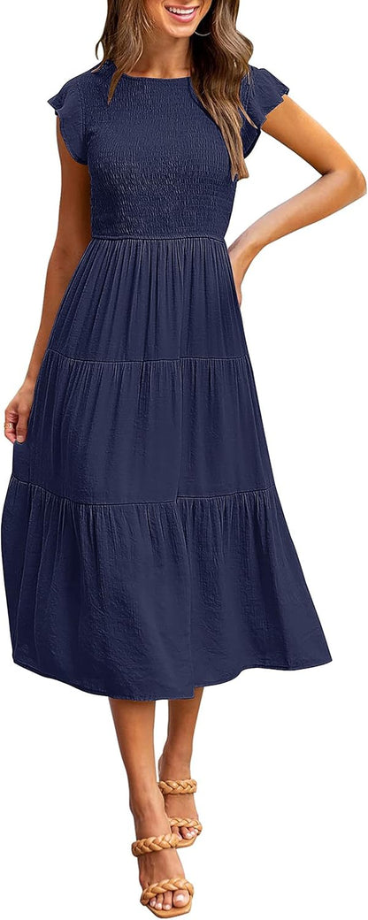 Louise Midi Dress for Women – Summer Smocked Dress with Ruffled Sleeves, Elegant A-Line Cut