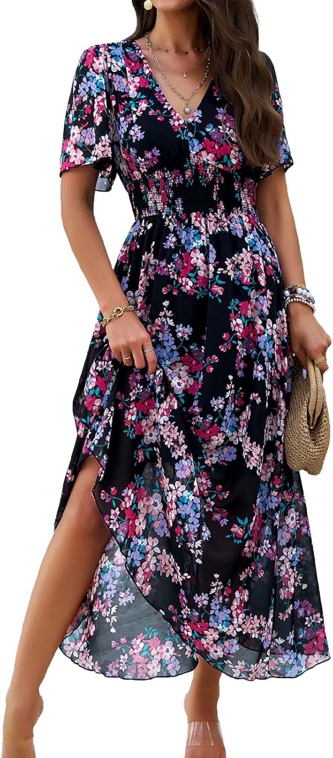 Jade Maxi Floral Dress for Women – High Waist, V-Neck, Short Sleeves Bohemian Summer