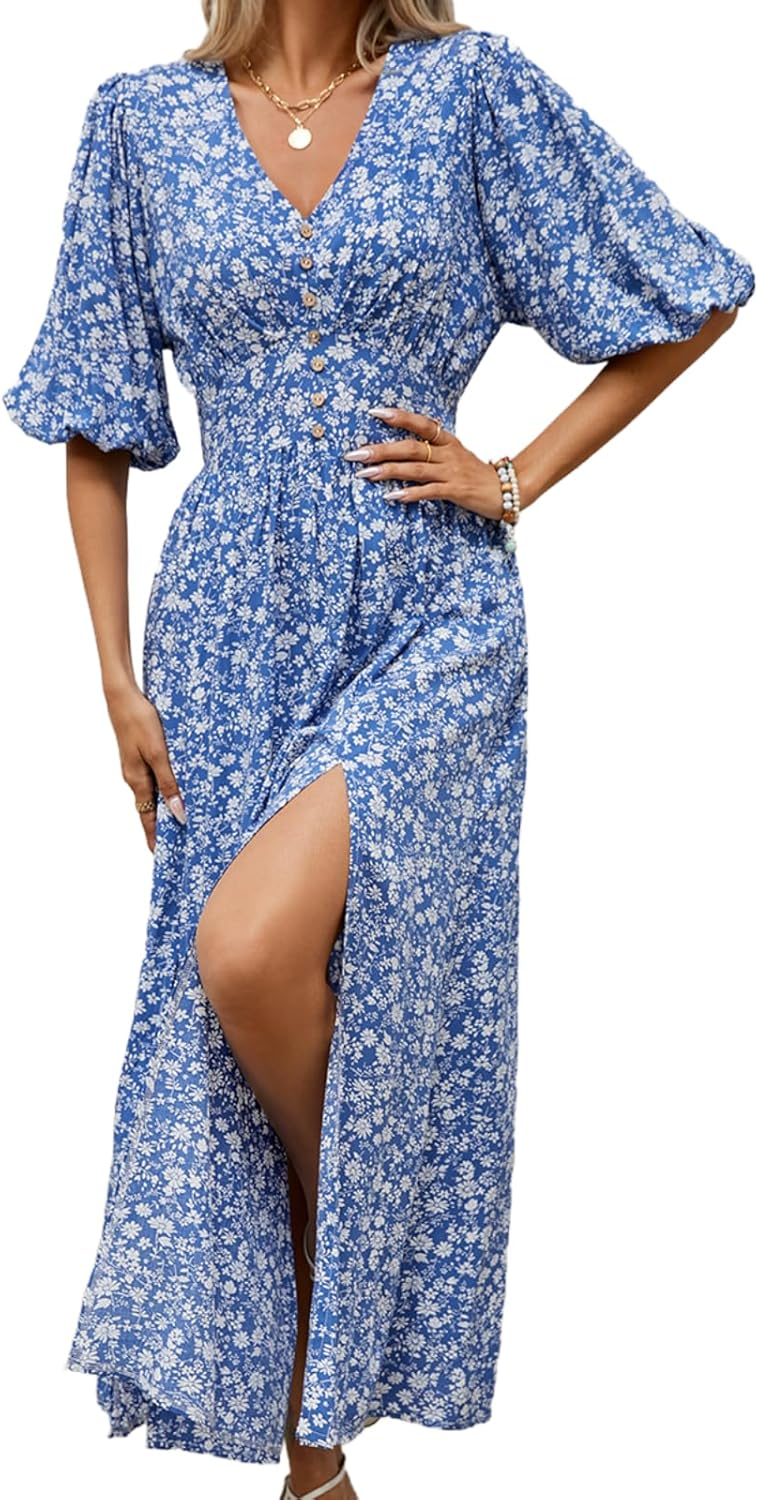 Joyce Bohemian Floral Dress for Women – V-Neck Wrap, Flowing Midi, Summer Sleeves