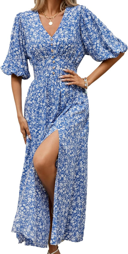 Joyce Bohemian Floral Dress for Women – V-Neck Wrap, Flowing Midi, Summer Sleeves