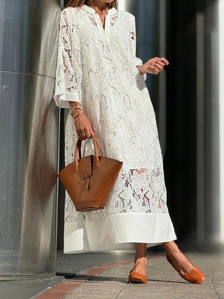 Jennylyn Robe Maxi Femme – Robe Longue en Dentelle Aérée, Style Bohème Estival & Confort Respirant