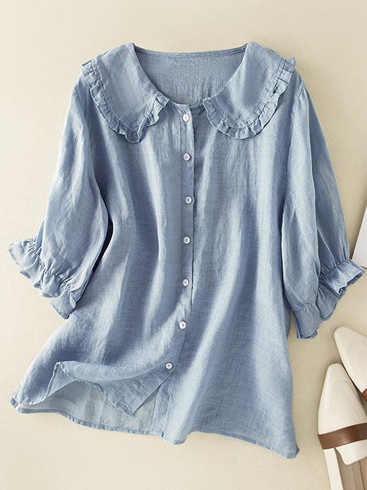 Jillian Blouse Women – Loose Cotton-Linen Shirt with Chic Ruffled Peter Pan Collar