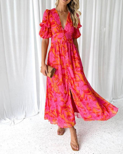 Dorothy Classic Women's Dress – V-Neck & Puff Sleeves in Elegant Rose Red
