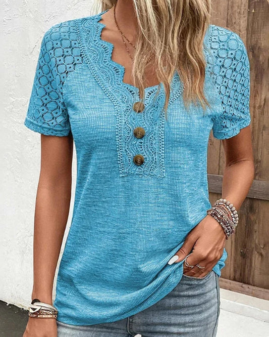 T-shirt Femme Chandy avec Détails en Dentelle – Coton Léger à Manches Courtes pour le Printemps & l'Été