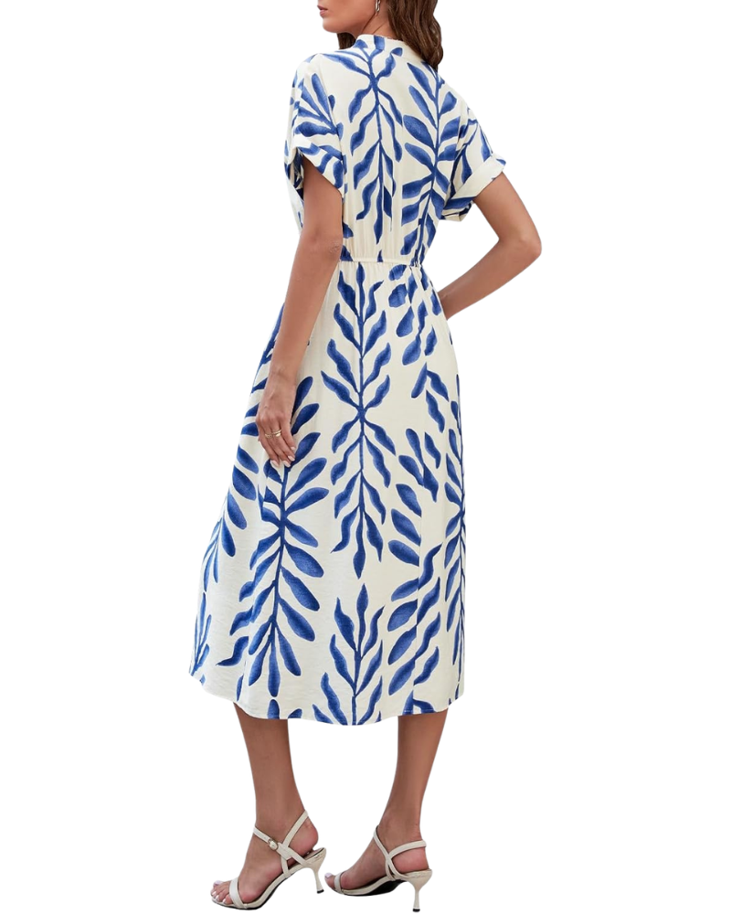 Rosita Bohemian Women's Dress – V-Neck, Short Sleeves, High Waist, Pockets Summer