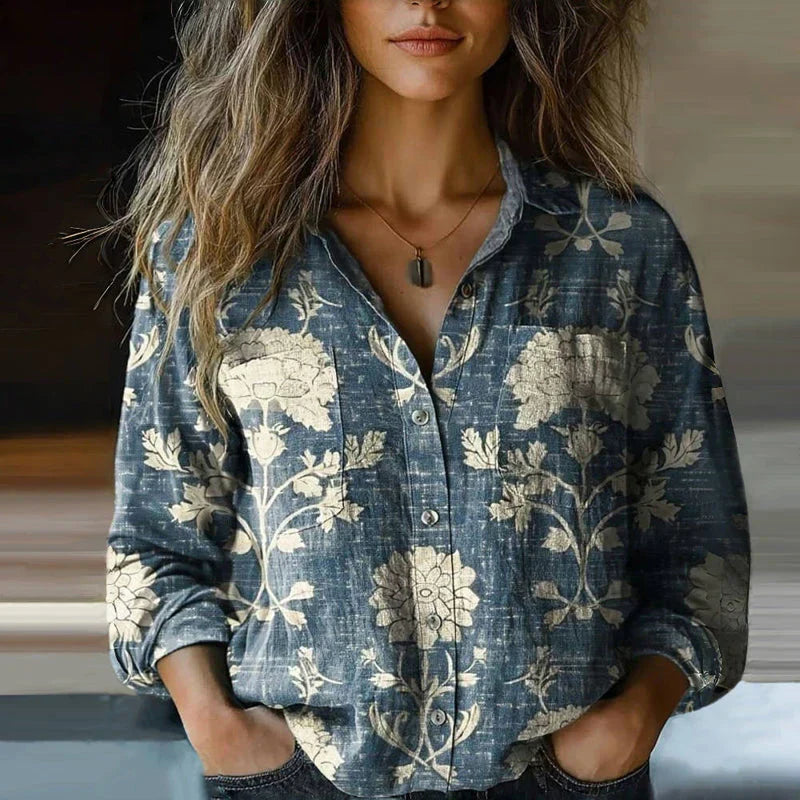 Mira Vintage Blouse for Women – Airy Blouse with Ethnic Print, Classic Collar & Long Sleeves