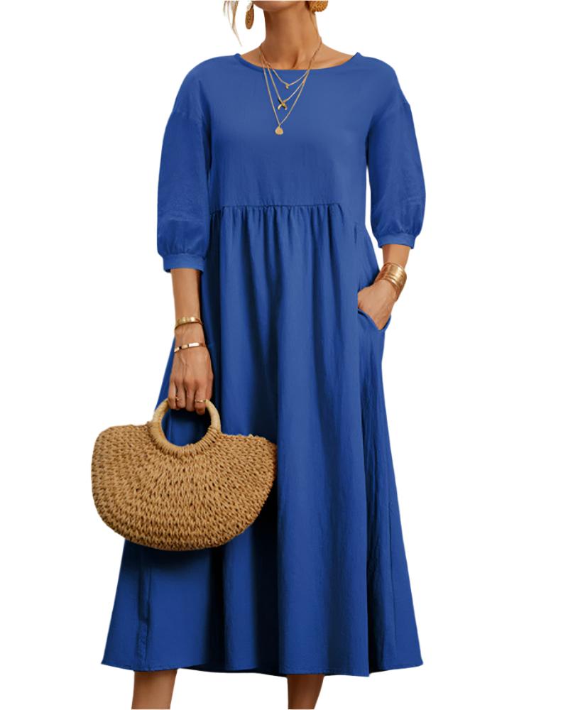 Flore Robe Midi Femme – Coton Lin Respirant, Col Rond, Manches Lanternes, Confort Estival