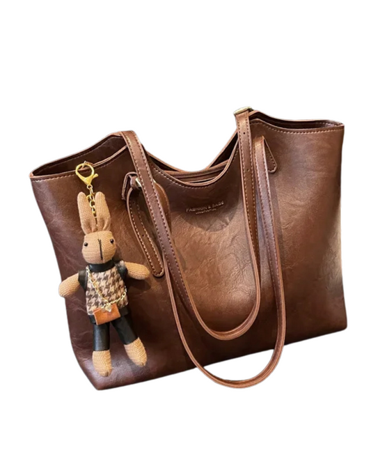 Emma Rustic Edge Tote – Spacious Vintage Vegan Leather Tote with Fancy Pendant