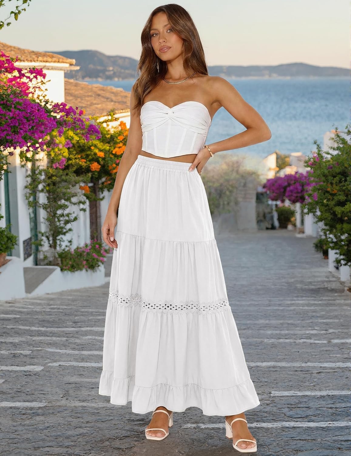 Edith Jupe Maxi Women – Bohemian Cotton Skirt with Crochet Lace & Ruffles