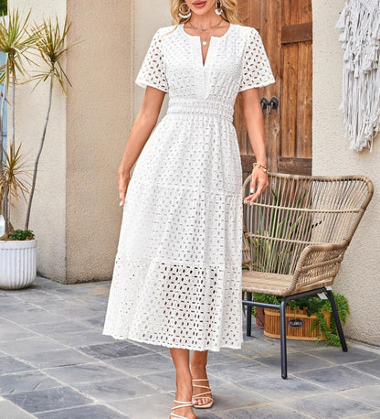 Clara Women's Dress – Maxi Dress with English Embroidery V-Neck High Waist Bohemian Summer