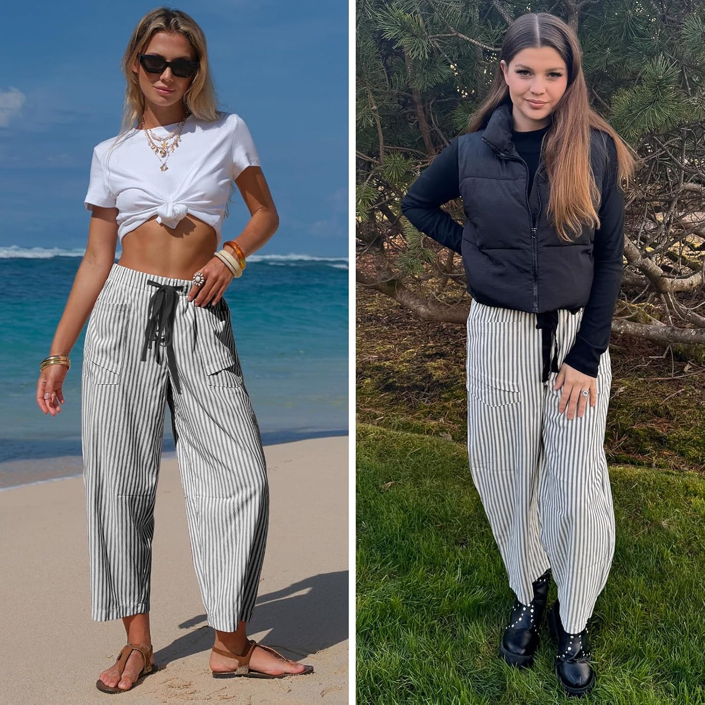 Laura Women's Striped Linen Pants – Wide Capri Cut, Elastic Waist, Lightweight Summer