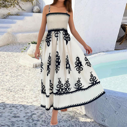 Amélie Women's Dress – Bohemian Maxi Smocked Dress with Square Neckline and Sleeveless Design for Summer