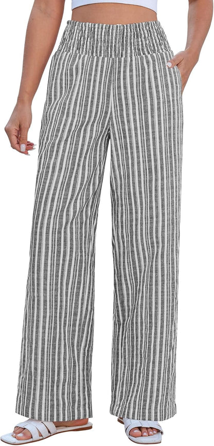 Rian Women's Striped Linen Palazzo Pants – Wide High Waist Elastic Summer Chic
