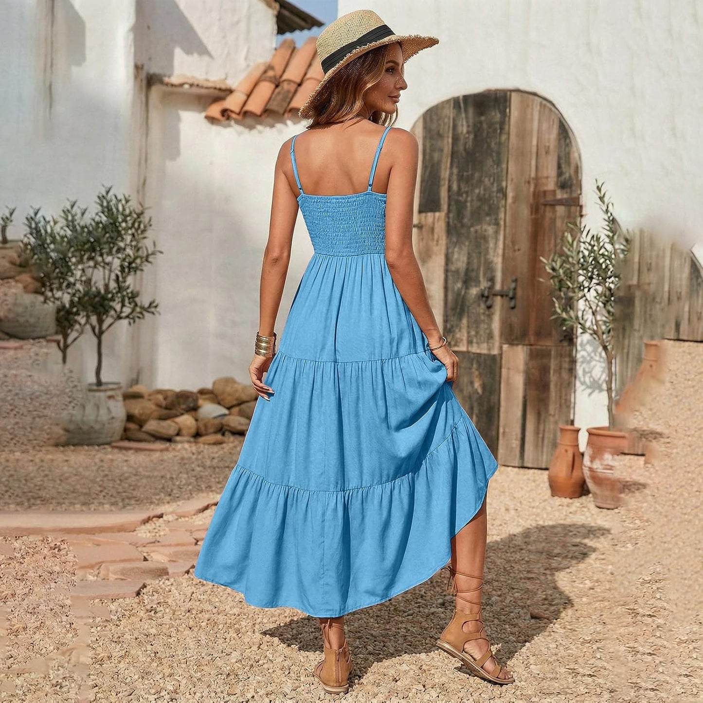 Léa Women's Dress – Bohemian Maxi Dress with Square Neck, Smocked, Ruffled, Flowing Summer