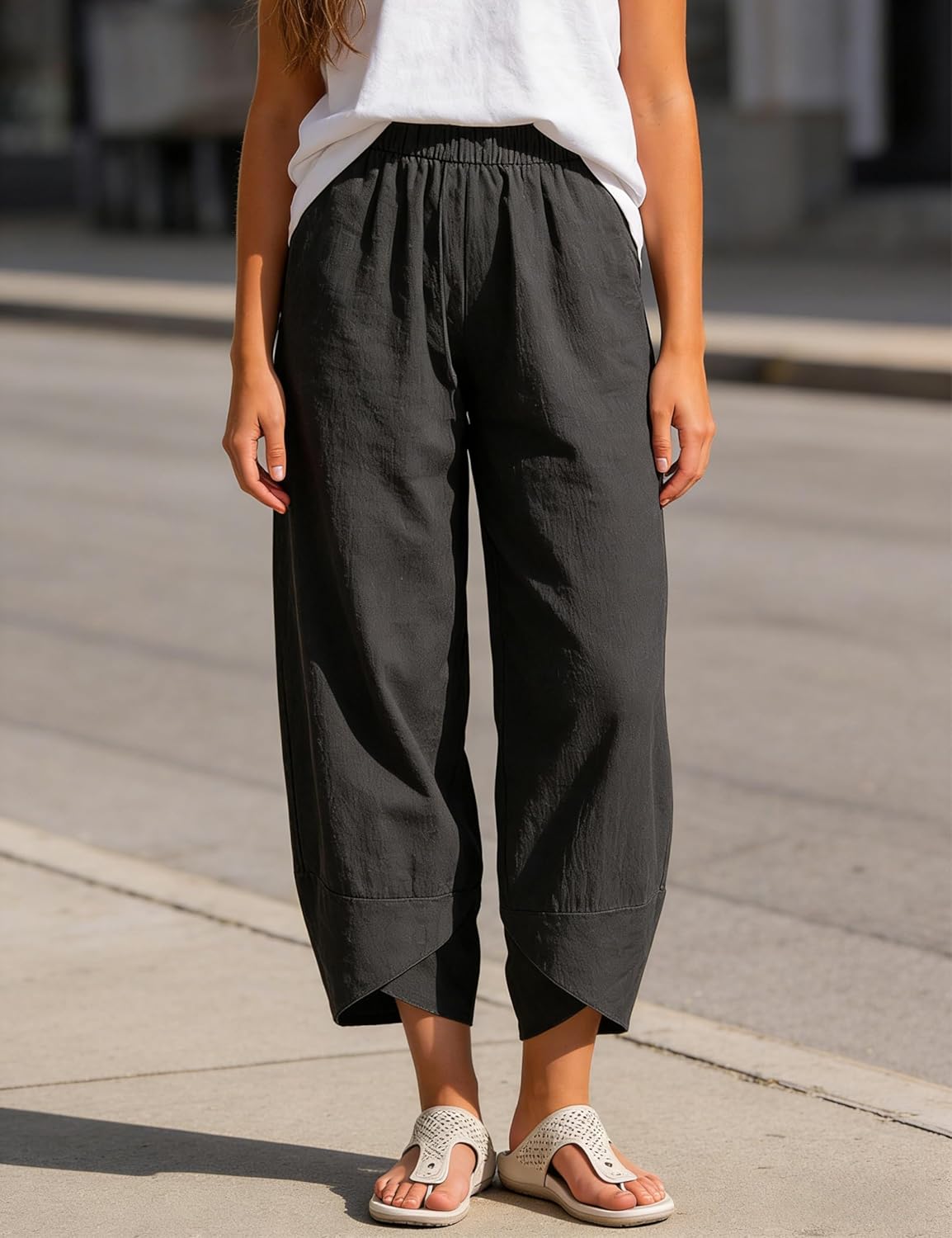 Caprice Women's Capri Cotton Pants – High Waist Elastic, Tulip Cut Chic Summer