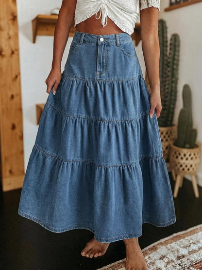 Verna Women's Denim Maxi Skirt – High Waist, Ruffles & Pockets