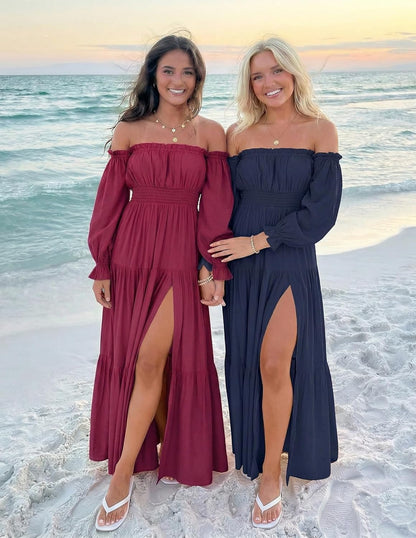 Sophie Maxi Dress for Women – Bohemian Off-Shoulder Dress with Slit and Smocked Waist
