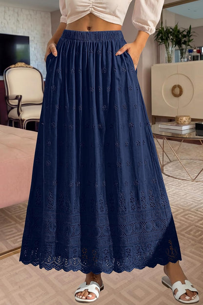 Marie Dowerme Maxi Skirt for Women – High Waist Elastic, Embroidered Cotton Bohemian A-Line