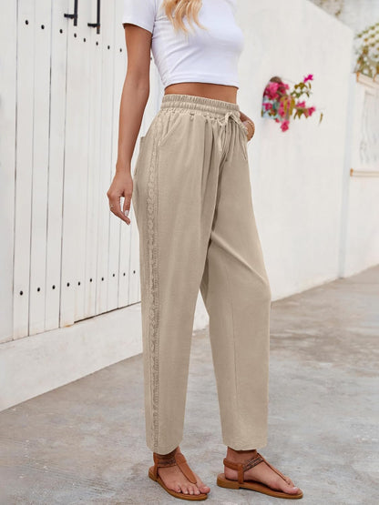 Ysabel Women's Linen Capri Pants – Lace, Wide Cut, Elastic Waist Summer Chic