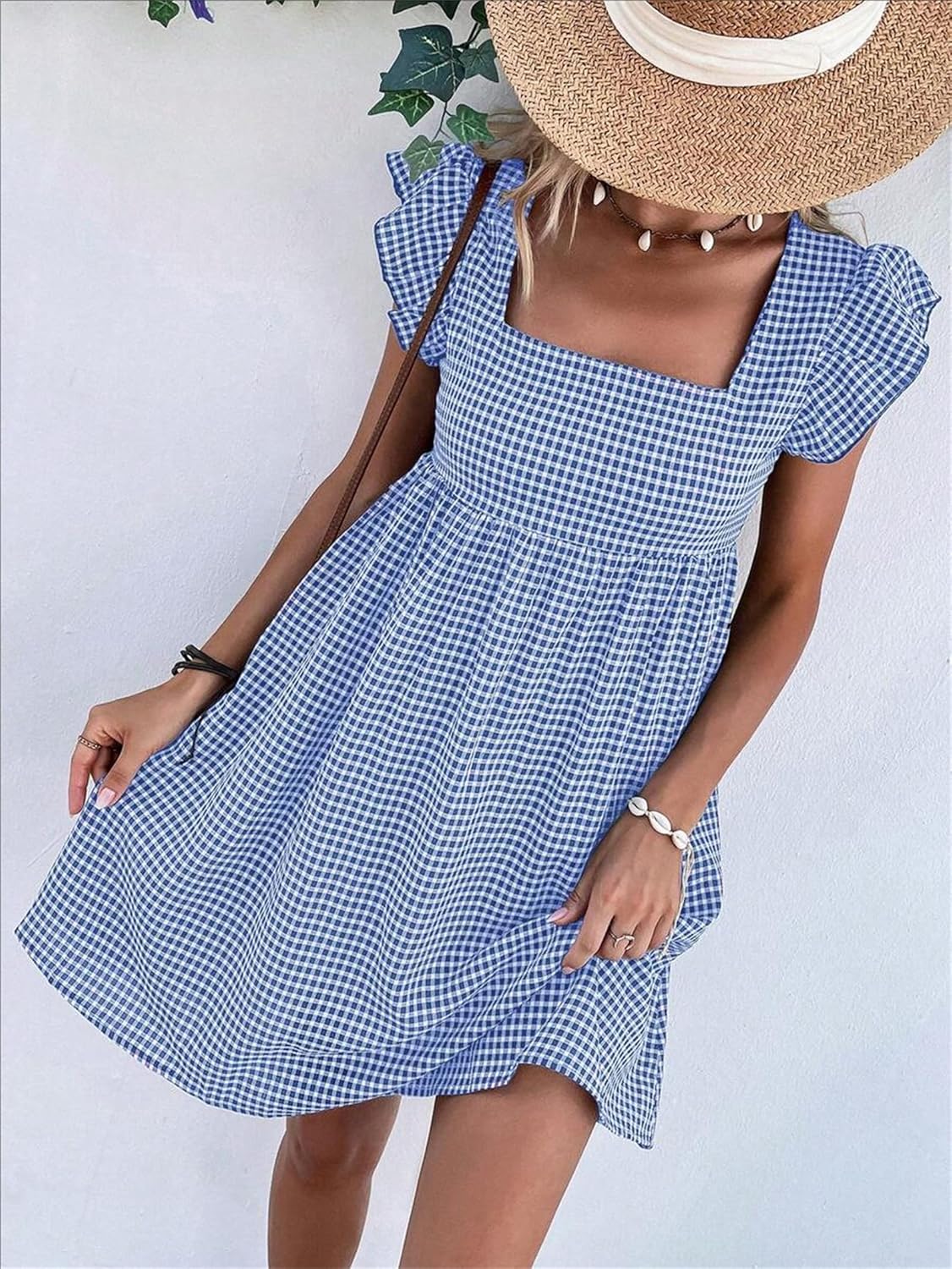 Lily Women's Dress – Midi Checkered Dress with Square Neck, Smocked Waist, Ruffles, A-Line, Summer