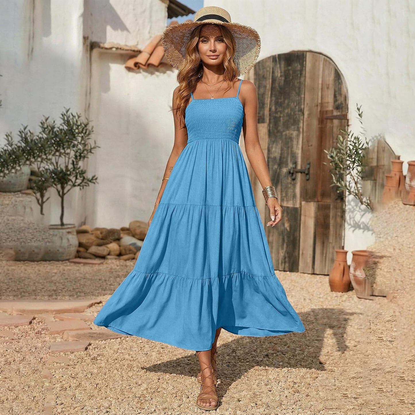 Léa Women's Dress – Bohemian Maxi Dress with Square Neck, Smocked, Ruffled, Flowing Summer