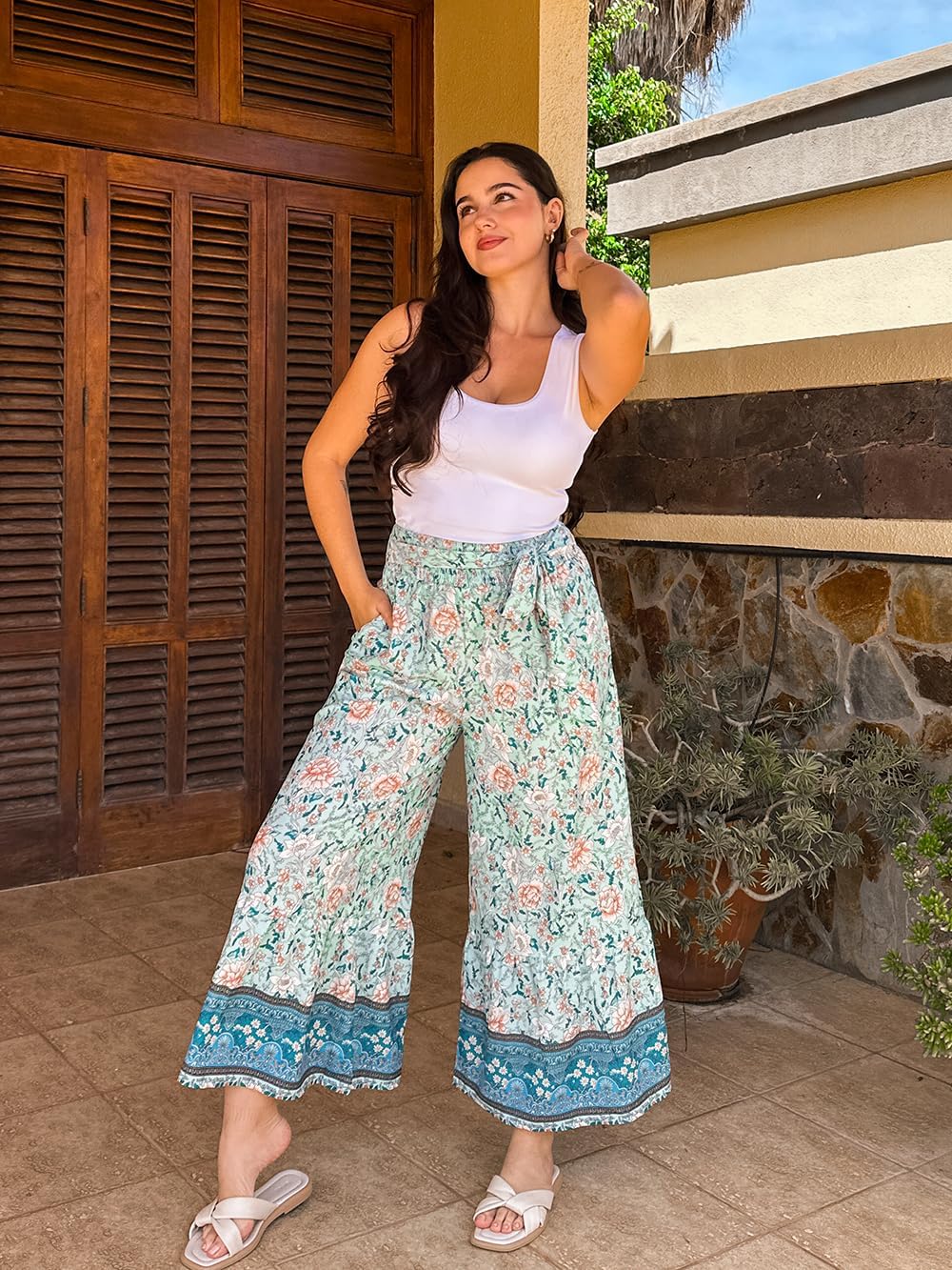 Zainab Women's Bohemian Palazzo Pants – Wide Flowing Cut, High Elastic Waist Summer