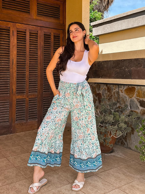 Zainab Women's Bohemian Palazzo Pants – Wide Flowing Cut, High Elastic Waist Summer