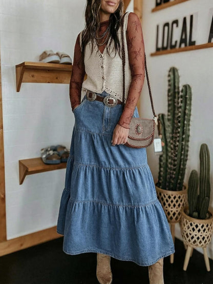 Verna Women's Denim Maxi Skirt – High Waist, Ruffles & Pockets