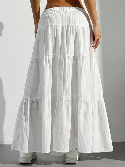 Dori Maxi Skirt for Women – White Bohemian High-Waisted Ruffled A-Line Skirt