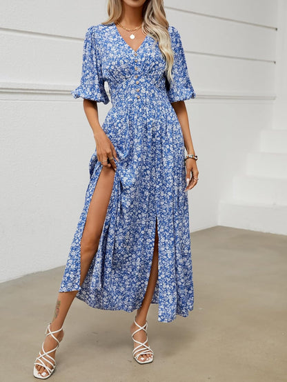 Joyce Bohemian Floral Dress for Women – V-Neck Wrap, Flowing Midi, Summer Sleeves