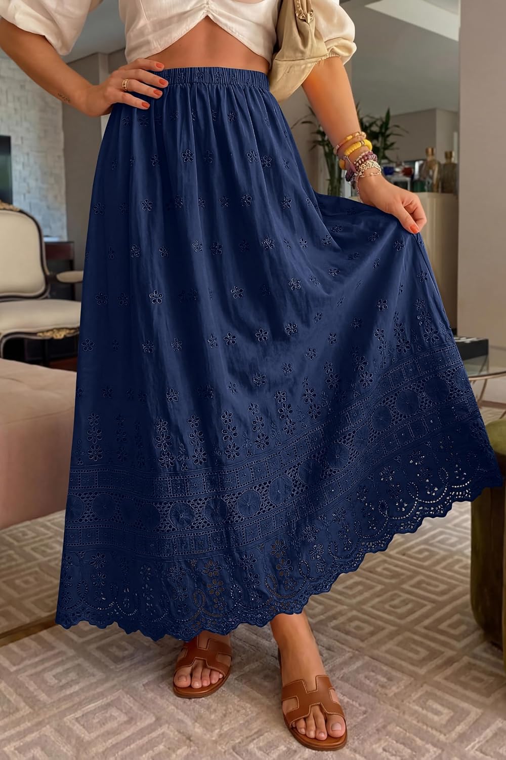 Marie Dowerme Maxi Skirt for Women – High Waist Elastic, Embroidered Cotton Bohemian A-Line