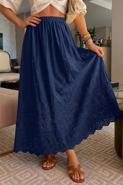 Marie Dowerme Maxi Skirt for Women – High Waist Elastic, Embroidered Cotton Bohemian A-Line