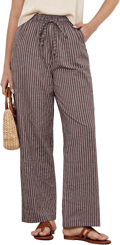 Julie Women's Striped Linen Pants – Wide Leg, High Waist Elastic Summer Chic