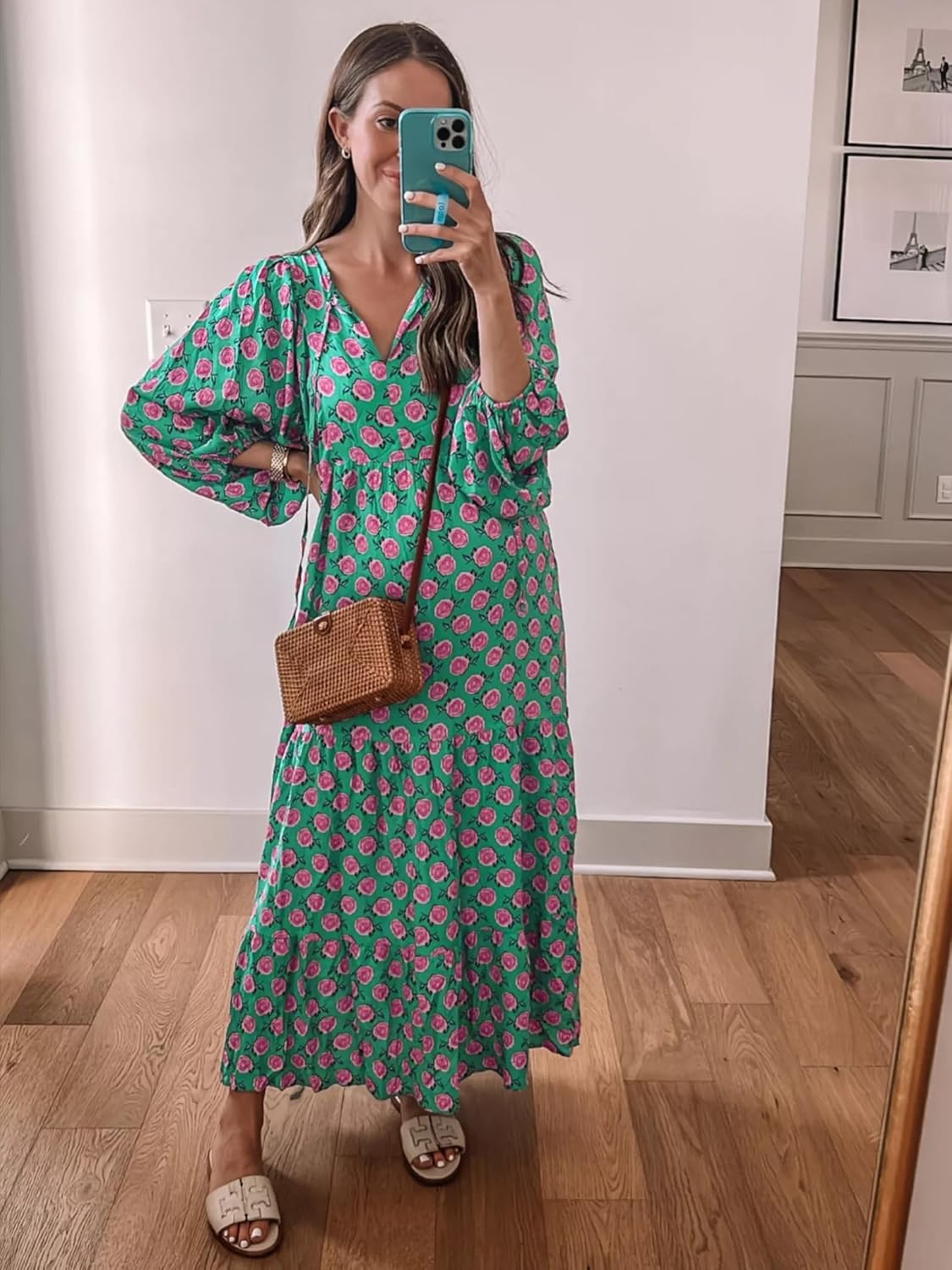 Amélie Women's Bohemian Maxi Dress – Long Flowing V-Neck Dress with Geometric Print