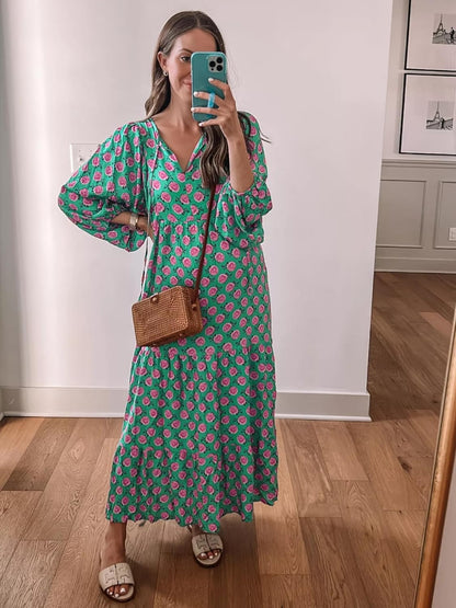 Amélie Women's Bohemian Maxi Dress – Long Flowing V-Neck Dress with Geometric Print