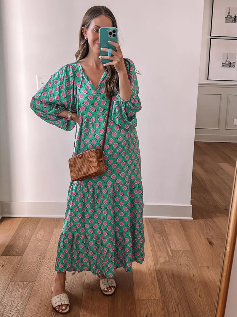 Amélie Women's Bohemian Maxi Dress – Long Flowing V-Neck Dress with Geometric Print
