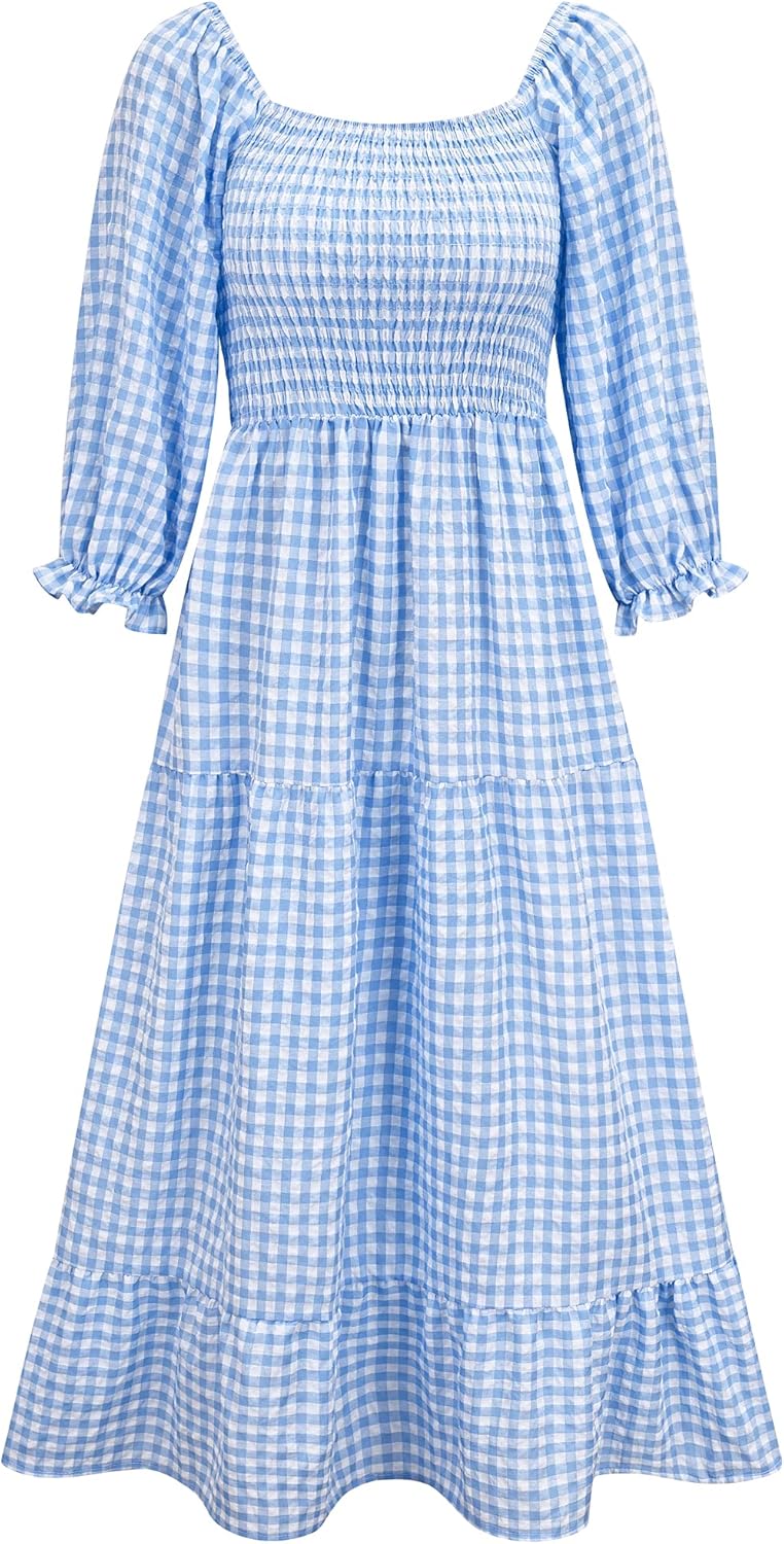 Léonie Bohemian Dress for Women – Off-Shoulder Ruffled Checkered Midi Summer Dress