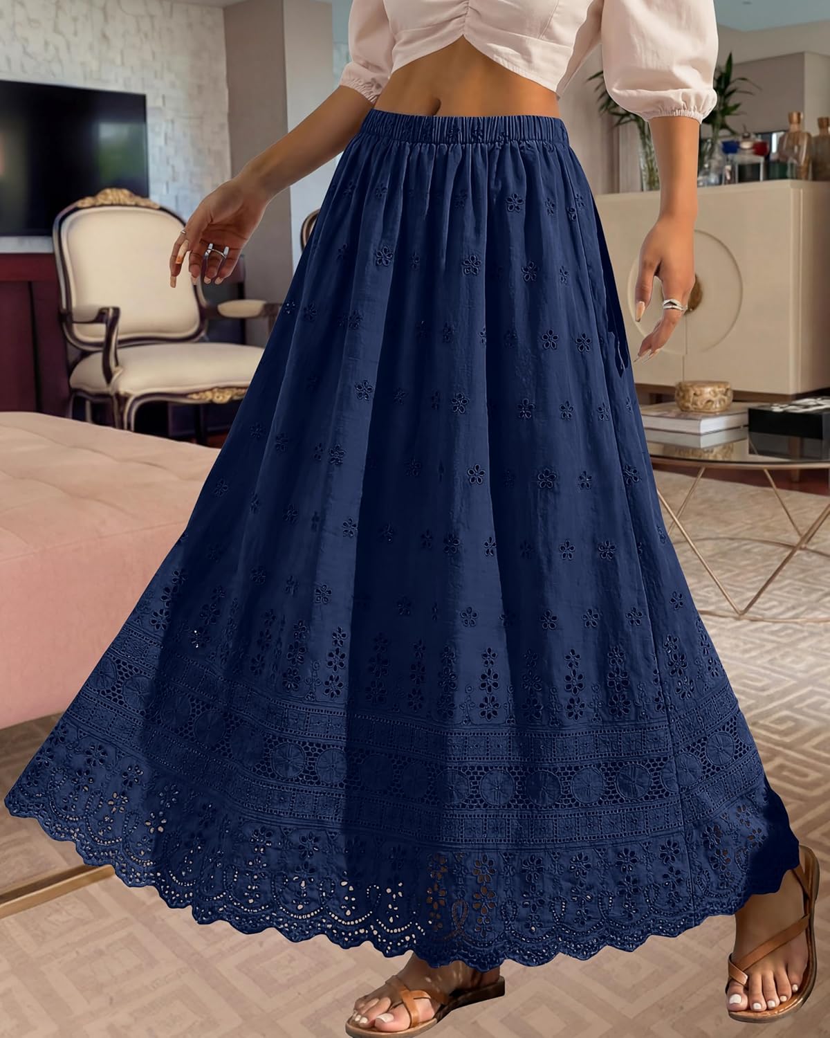 Marie Dowerme Maxi Skirt for Women – High Waist Elastic, Embroidered Cotton Bohemian A-Line