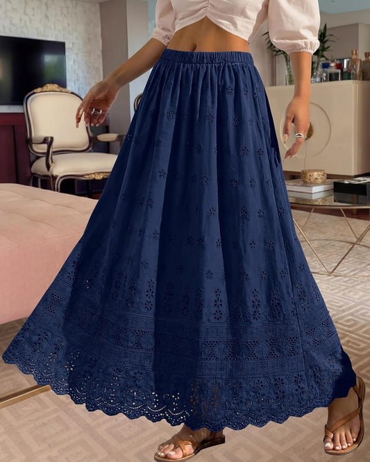 Marie Dowerme Maxi Skirt for Women – High Waist Elastic, Embroidered Cotton Bohemian A-Line
