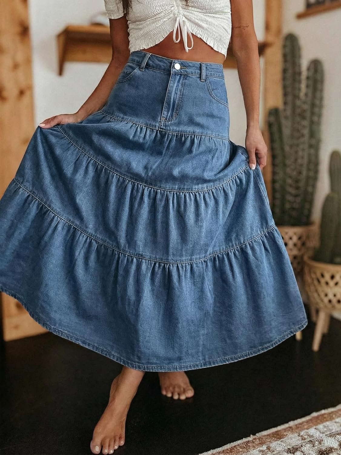 Verna Women's Denim Maxi Skirt – High Waist, Ruffles & Pockets