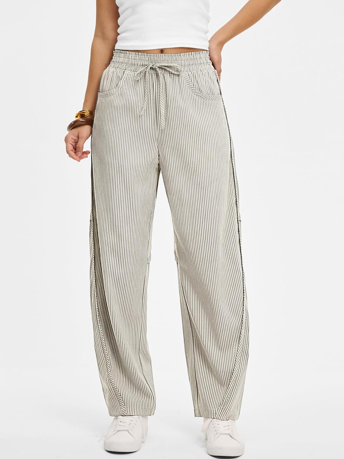 Kim Women's Striped Barrel Pants – Wide Fit, Elastic Waist, Casual Style